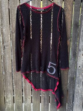 Cop. Copine Y2K Vintage Open Weave Knit Asymmetric Top In Black/Red